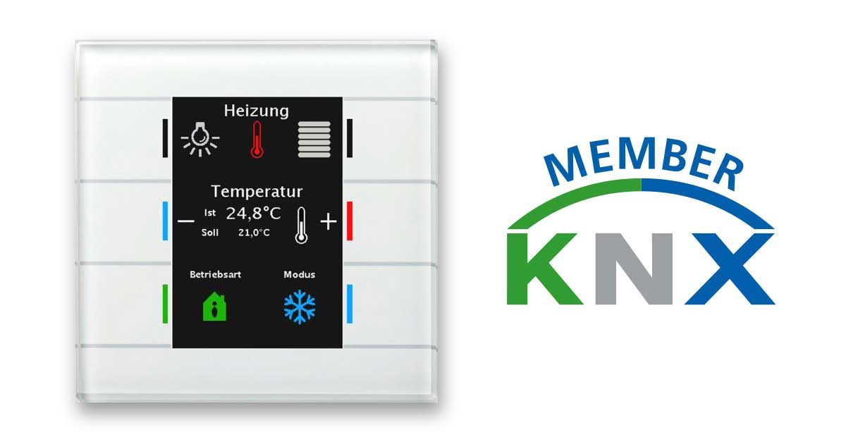 Schalter mit Temperaturanzeige und KNX-Mitgliedslogo.