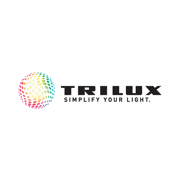 Logo von Trilux mit dem Slogan „Simplify Your Light“. Farbiges, kreisförmiges Design.